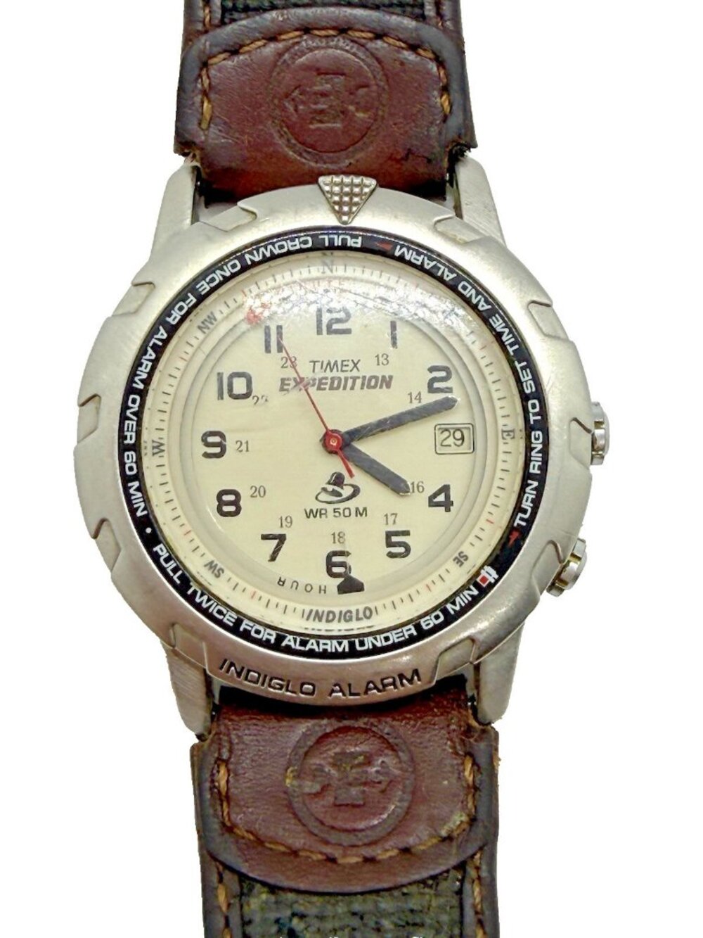 Timex Expedition Indiglo Shenmue Alarm Watch Silver Bezel White Face Date Brown